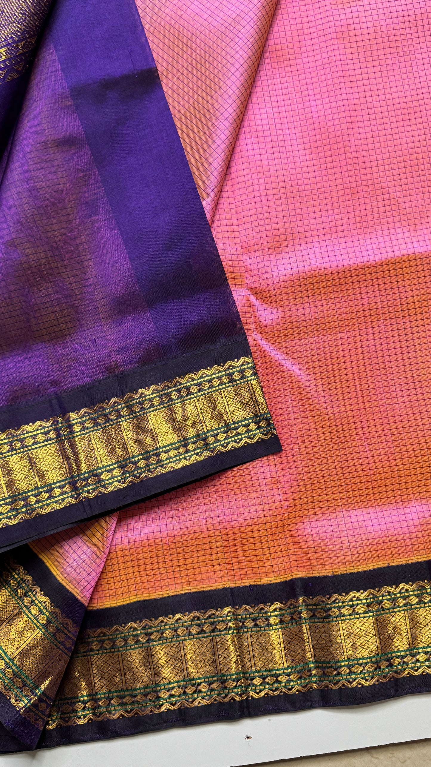 Thread Checks Pure Silk Cotton Saree with Korvai Border