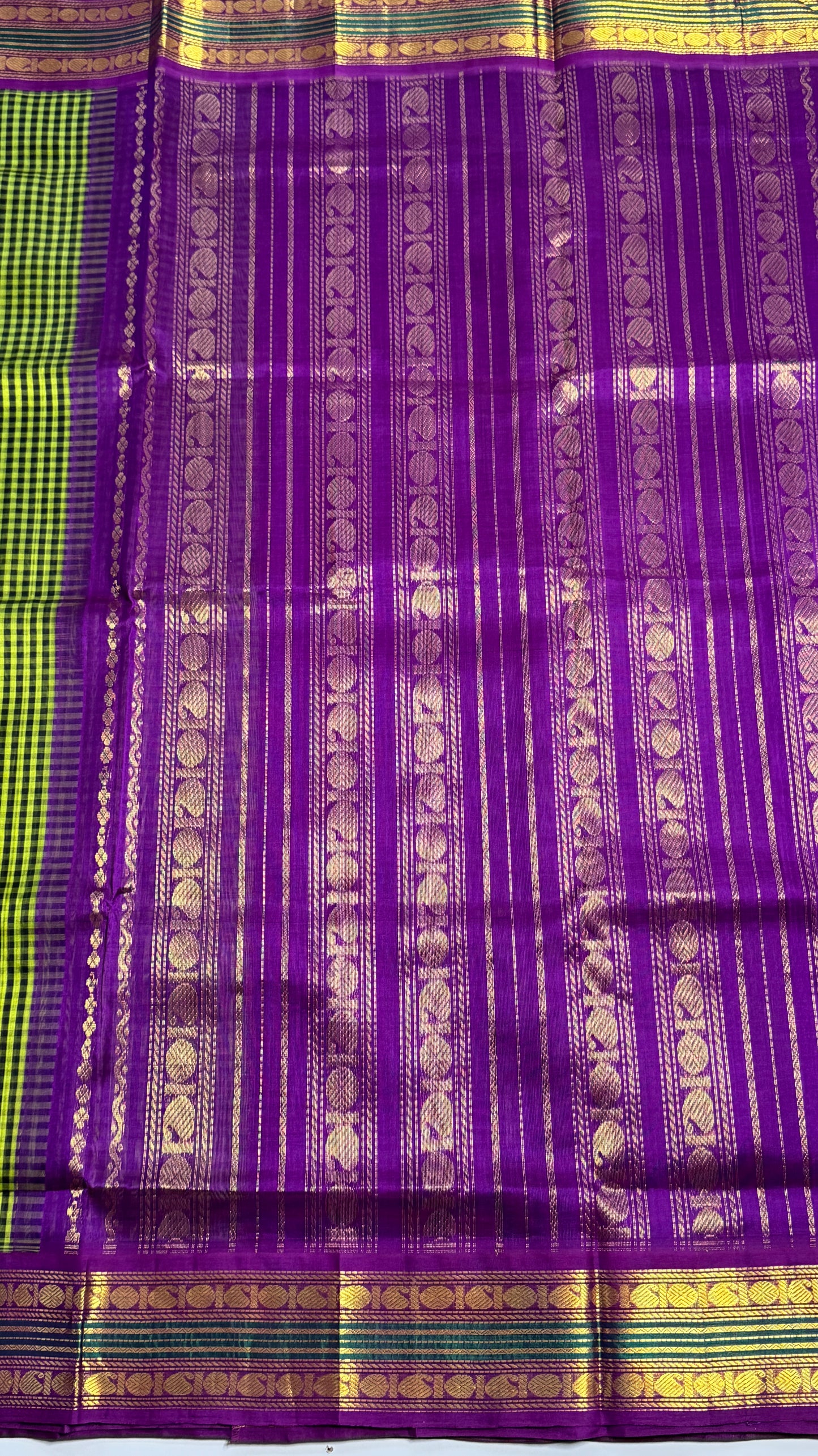 Green & Black Checks Pure Silk Cotton with Korvai Border