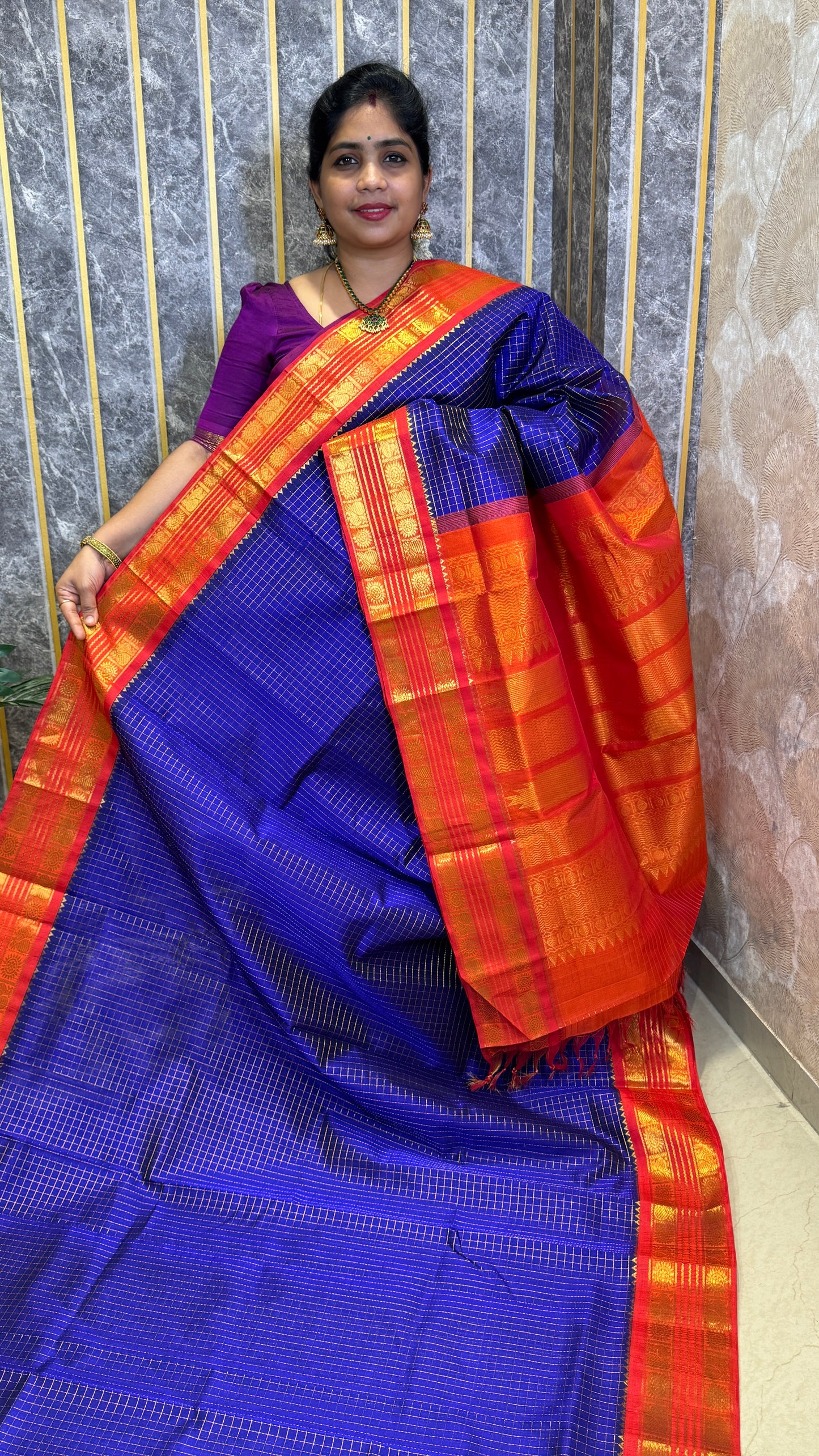 Zari Checks Pure Silk Cotton Saree with Korvai Border