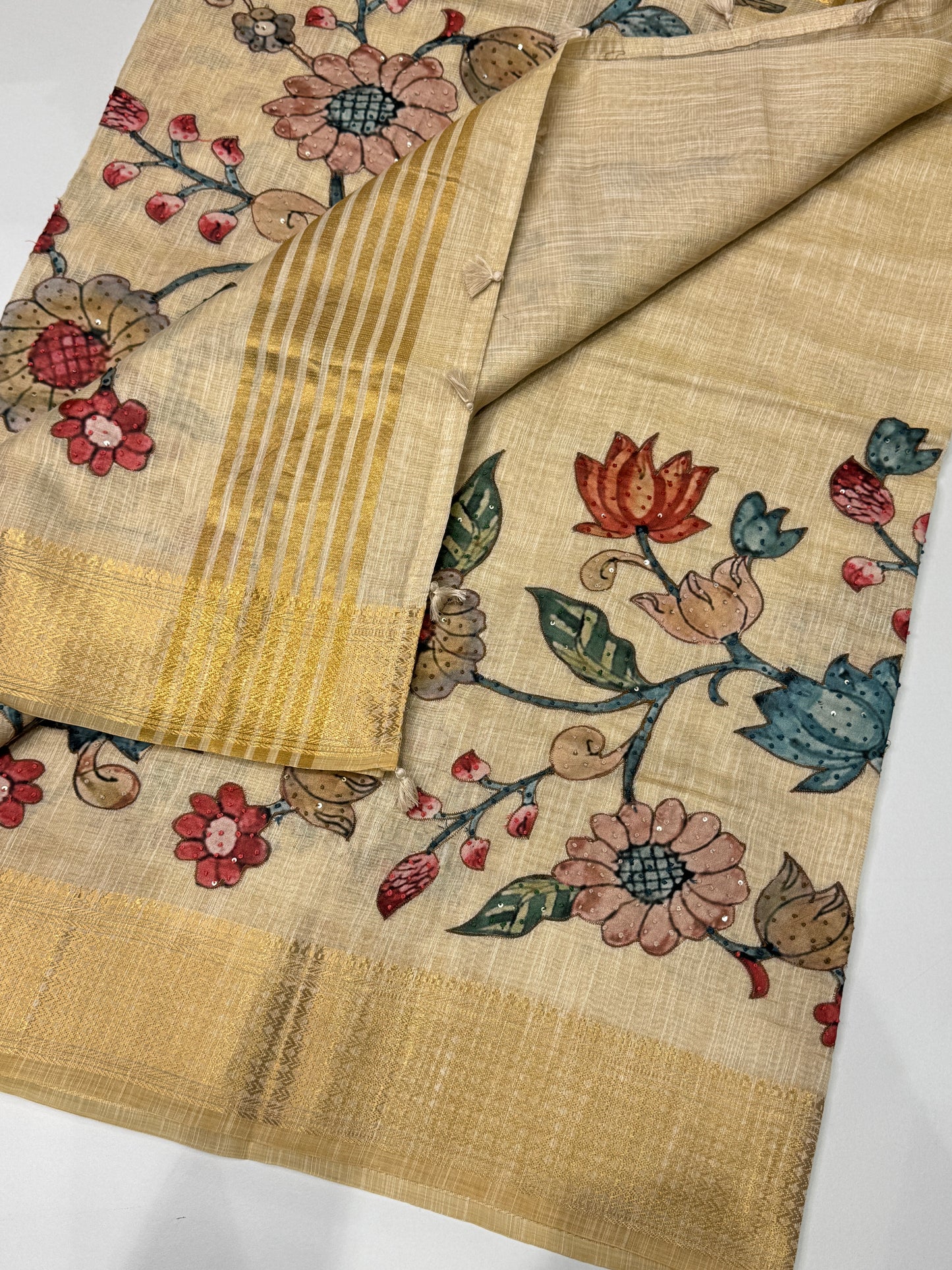 Tissue Linen Applique Work Saree