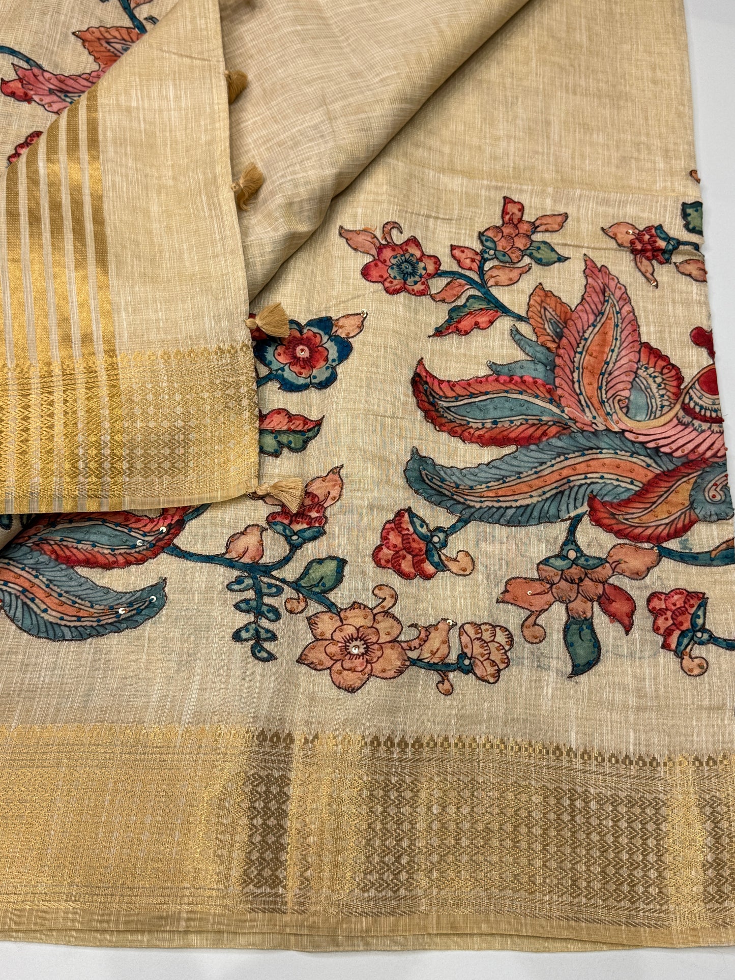 Tissue Linen Applique Work Saree