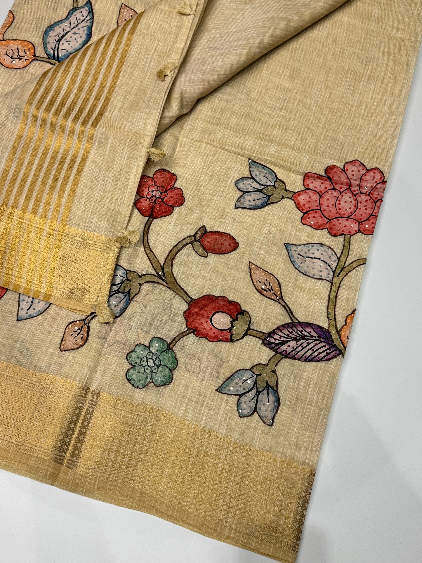Tissue Linen Applique Work Saree