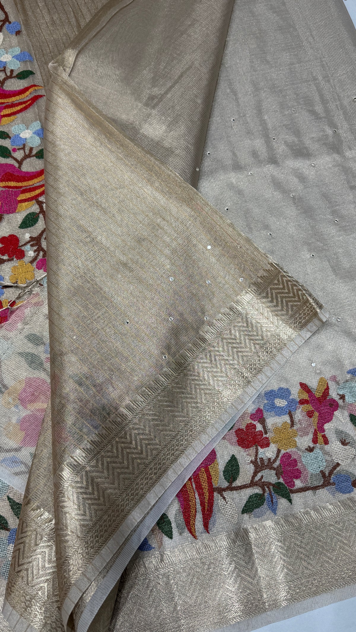Tissue Silk Saree with Cross Stitch Embroidery