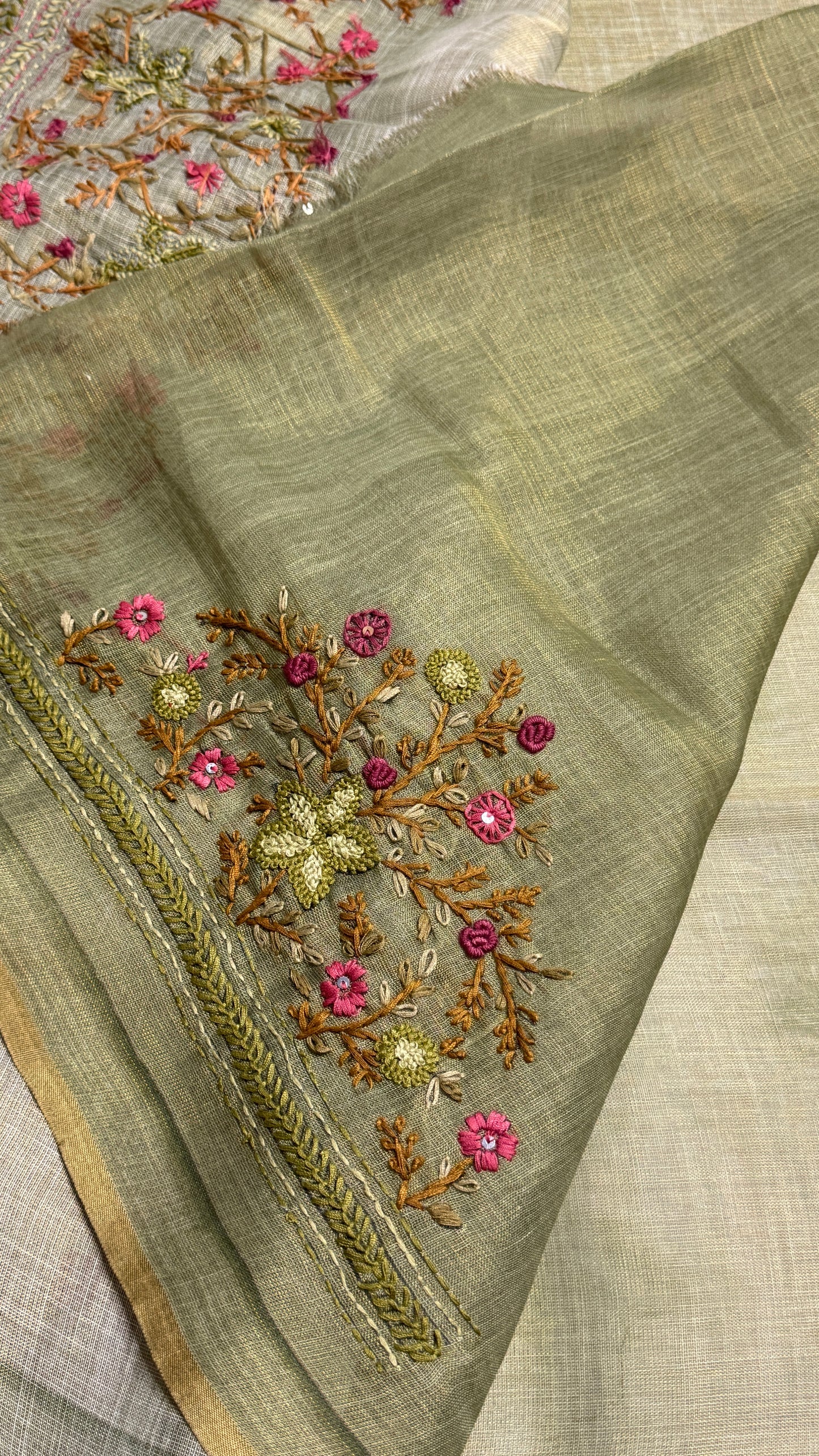 Tissue Linen Saree With Embroidery