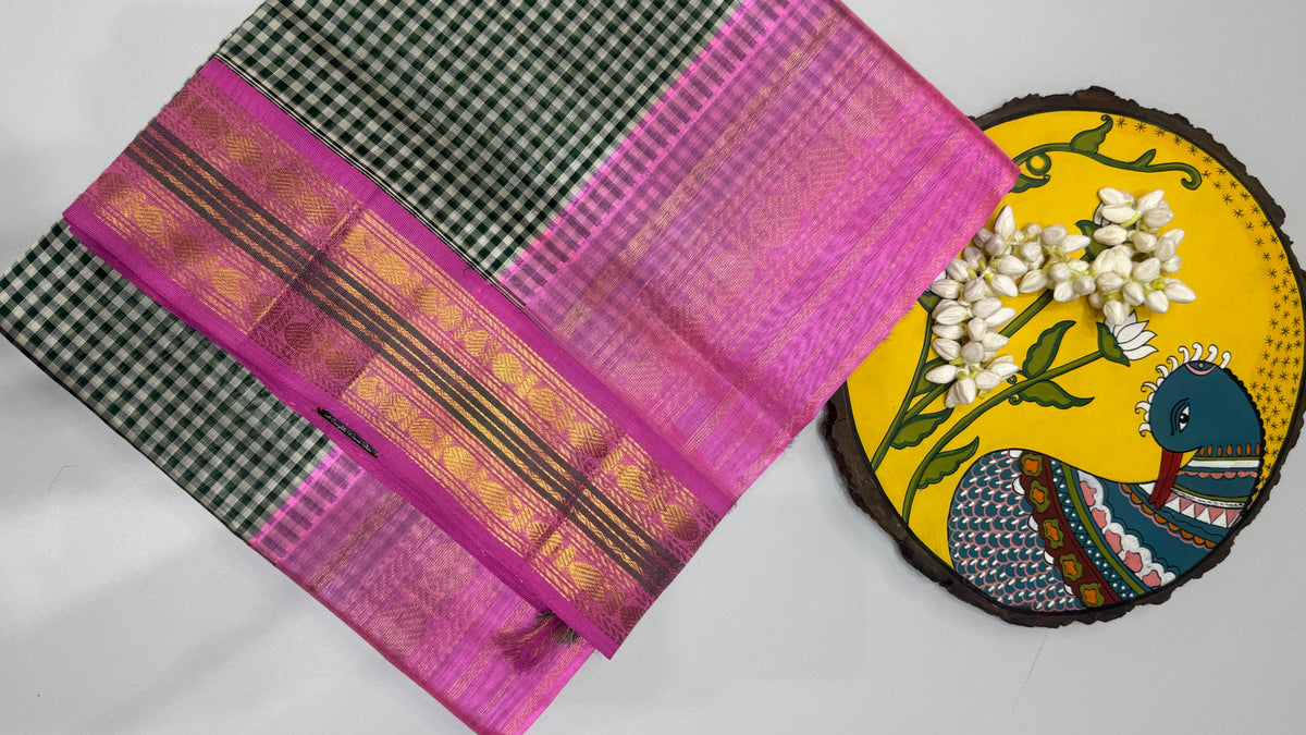 Checks Pure Silk Cotton with Korvai Border