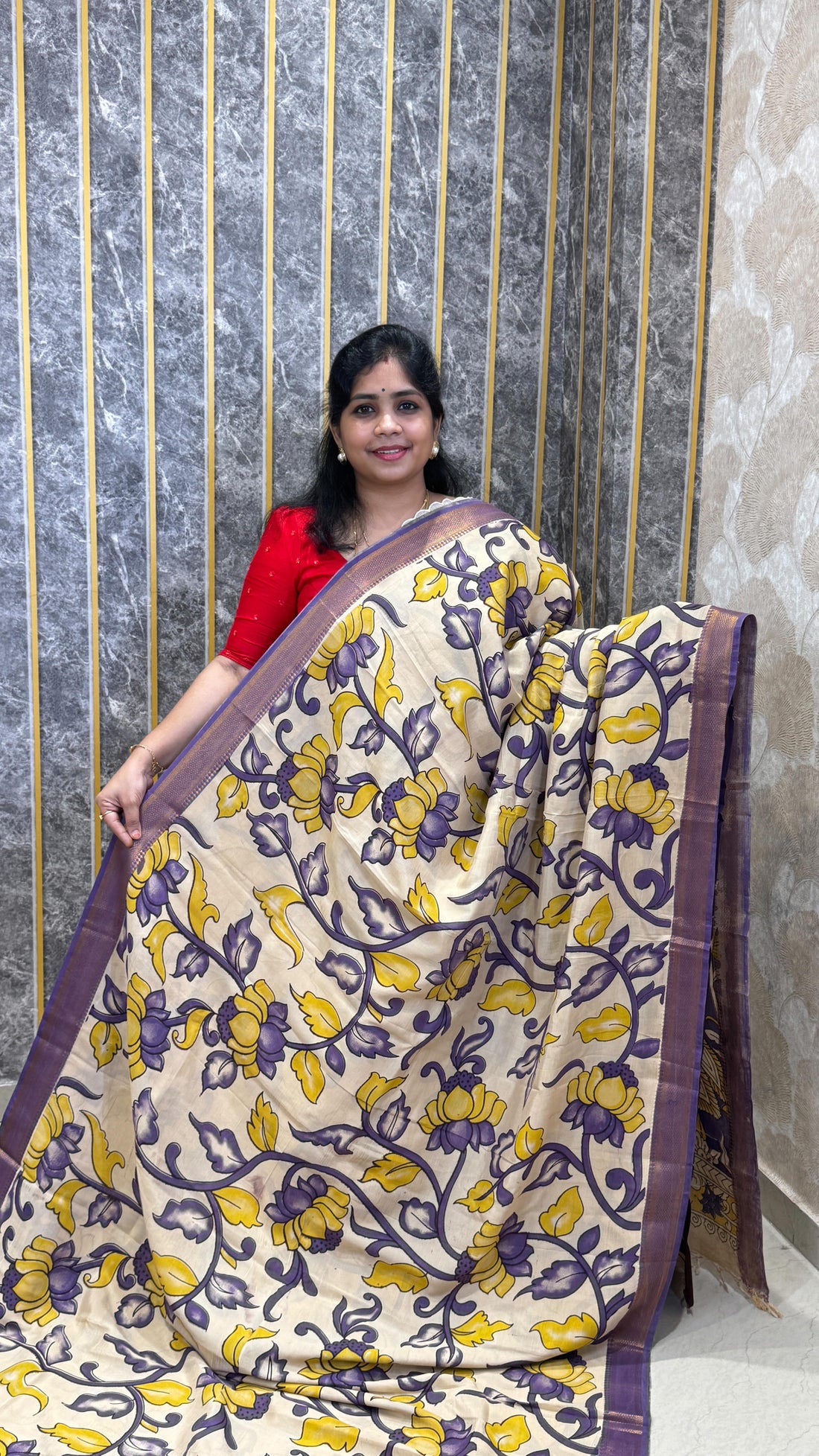 Kalamkari Chennuri Silk Saree with Kanchi & Nizam border. Which includes a stunning Kalamkari blouse