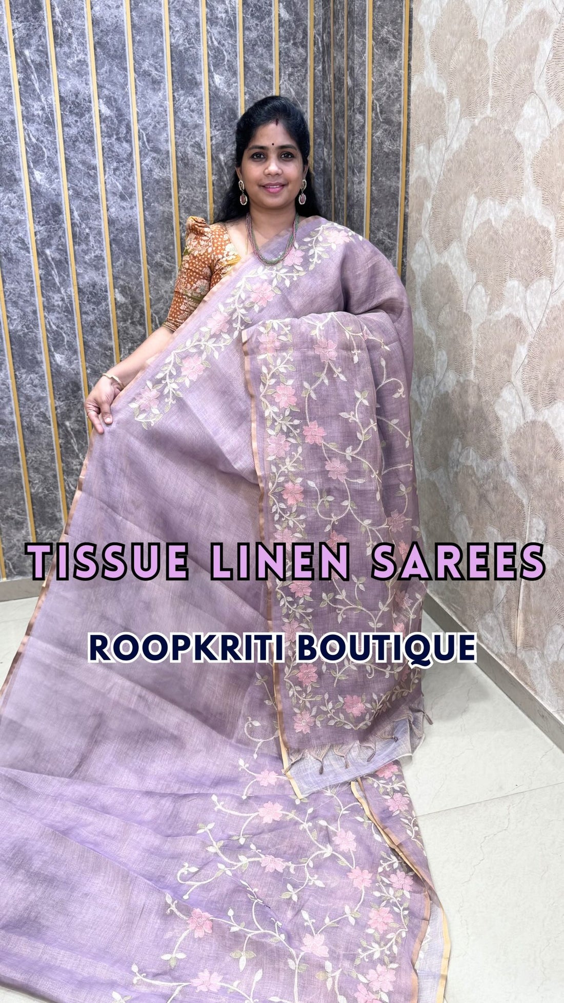 Tissue linen Saree With with Pitta work  Embroidery…

✨ Book online through our website — www.roopkr