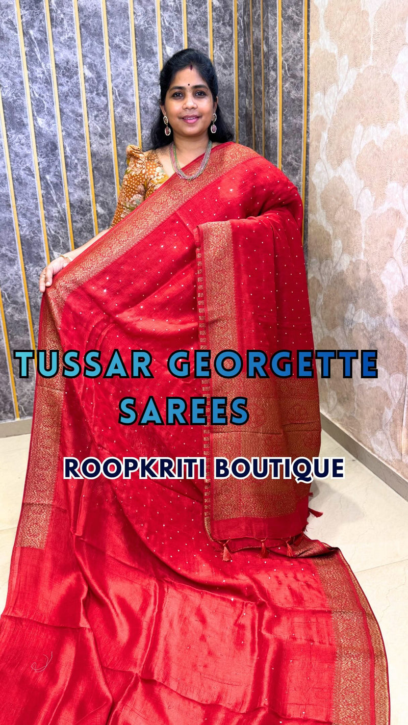 Tussar Georgette with Foil mirror work..

✨ Book online through our website — www.roopkritiboutique.