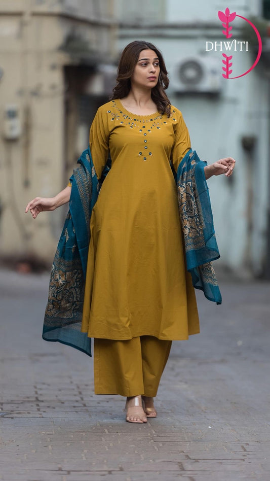 Musturd Dhabu Cotton 3 piece Suit