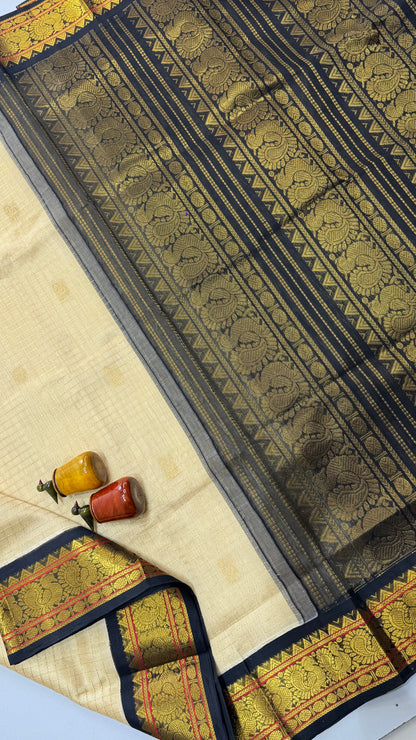 Zari Checks Butta Pure Silk Cotton Saree with korvai borders