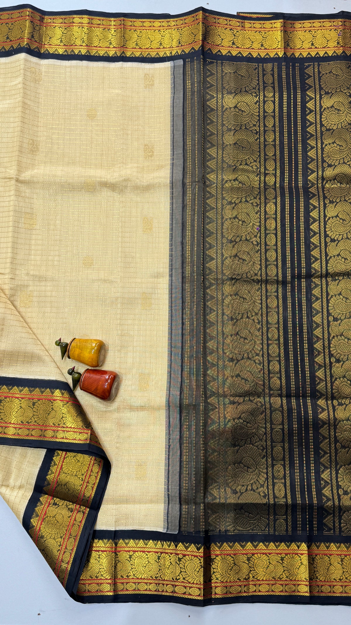 Zari Checks Butta Pure Silk Cotton Saree with korvai borders