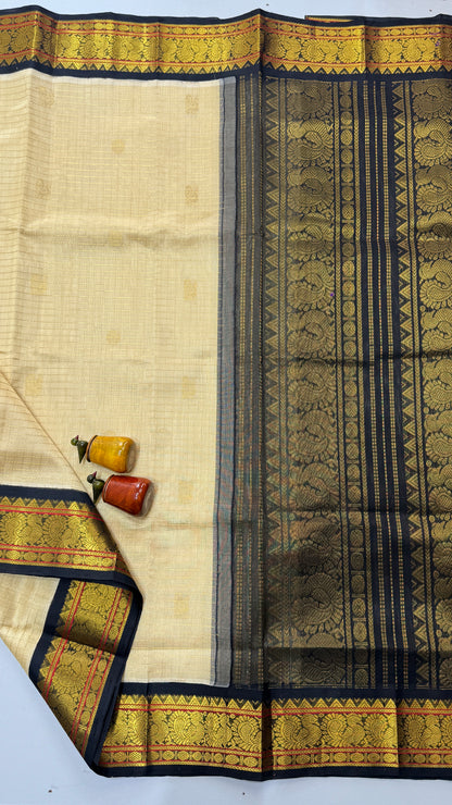 Zari Checks Butta Pure Silk Cotton Saree with korvai borders