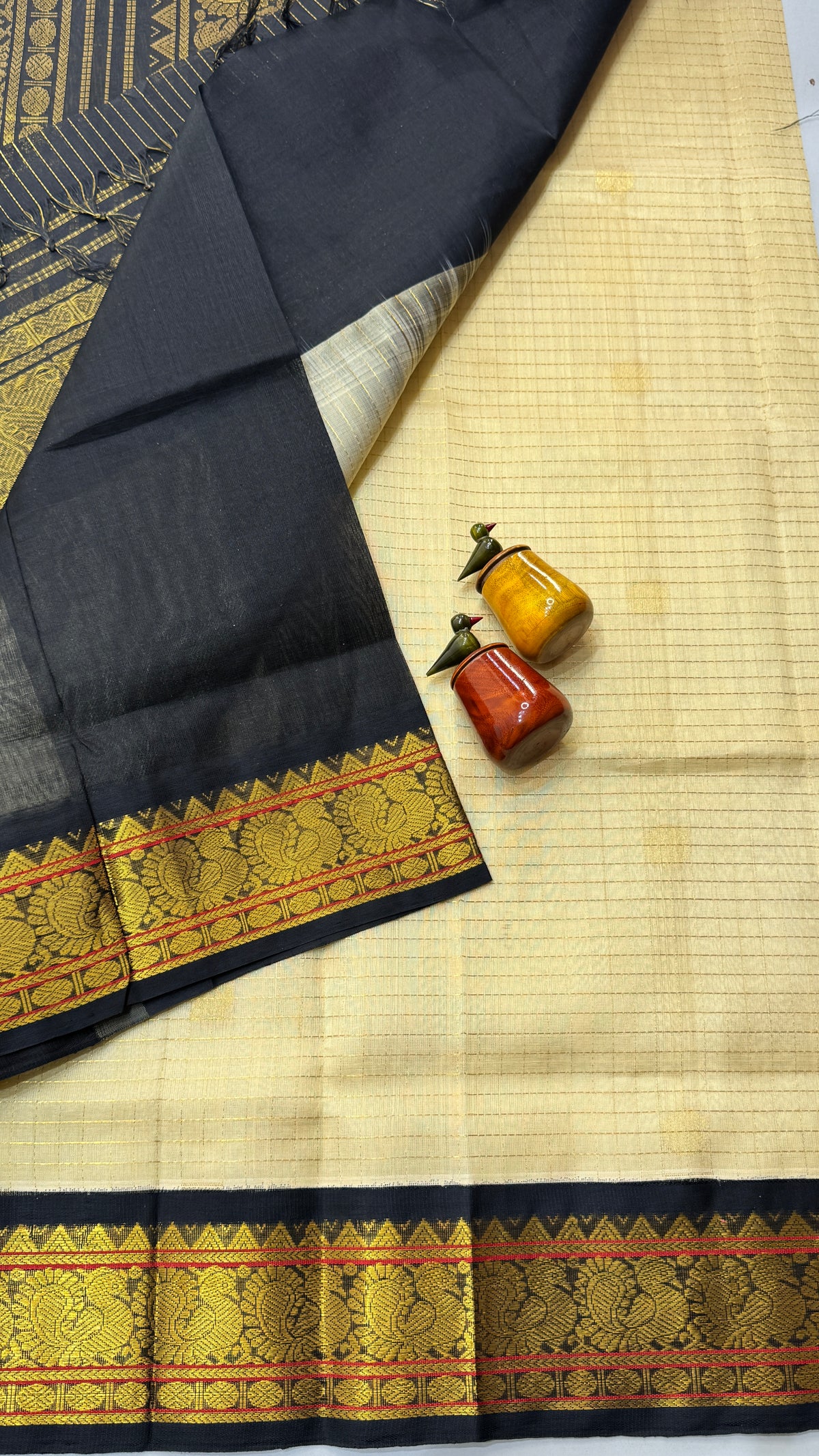 Zari Checks Butta Pure Silk Cotton Saree with korvai borders