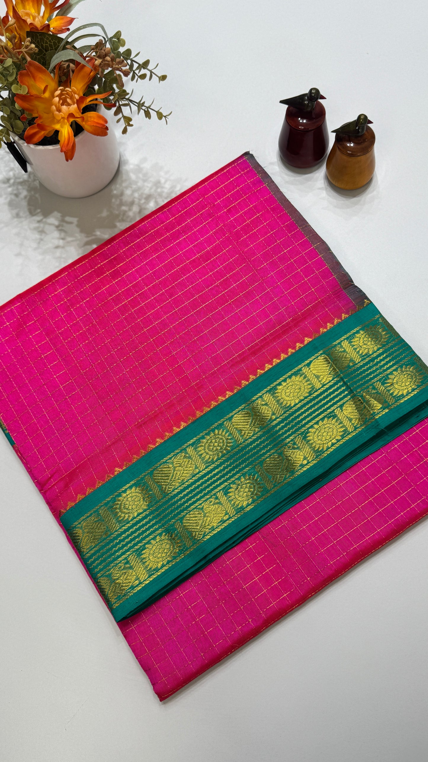 Zari Checks Pure Silk Cotton Saree with Korvai Border