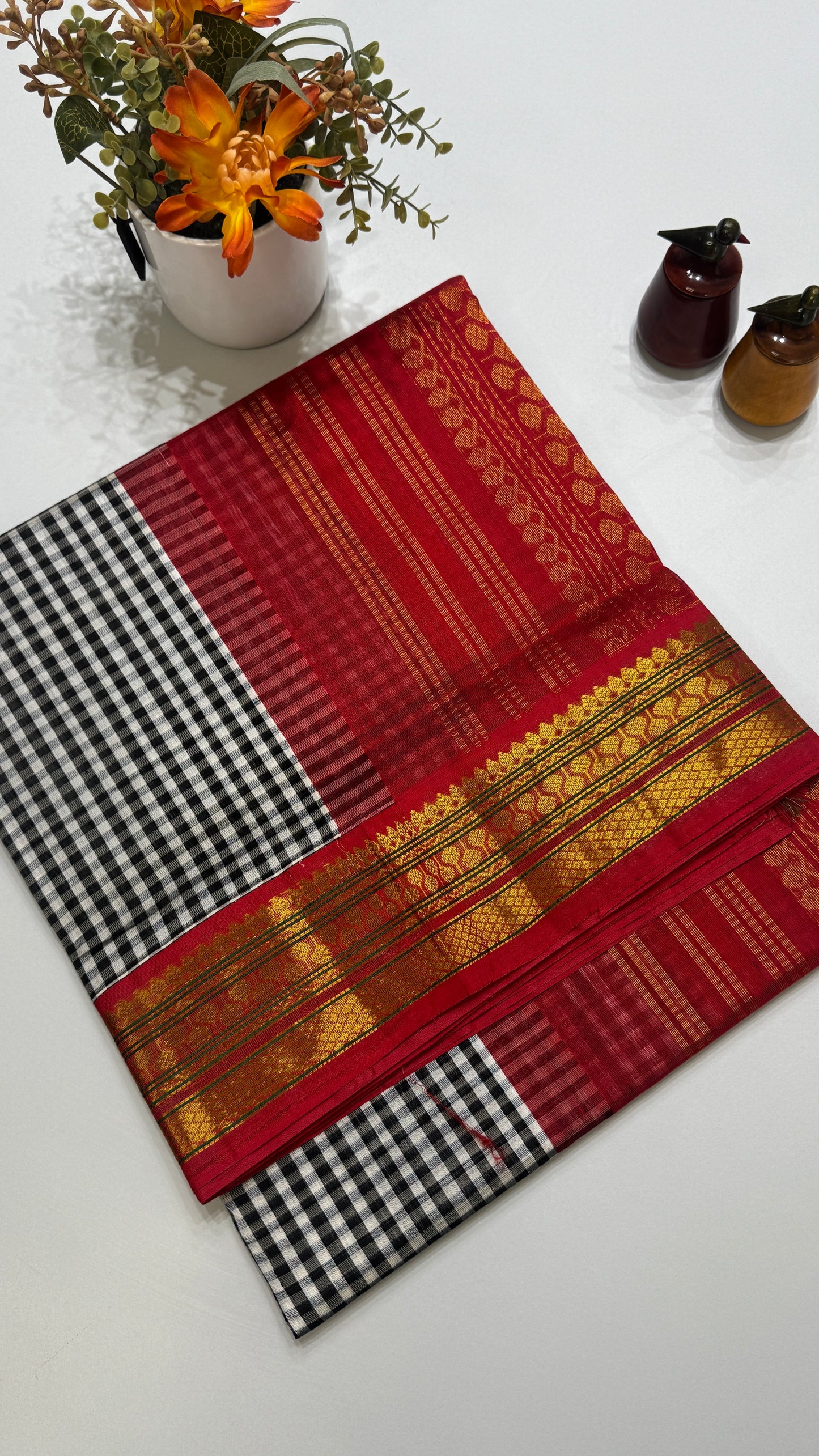 Black & White Checks Pure Silk Cotton with Korvai Border