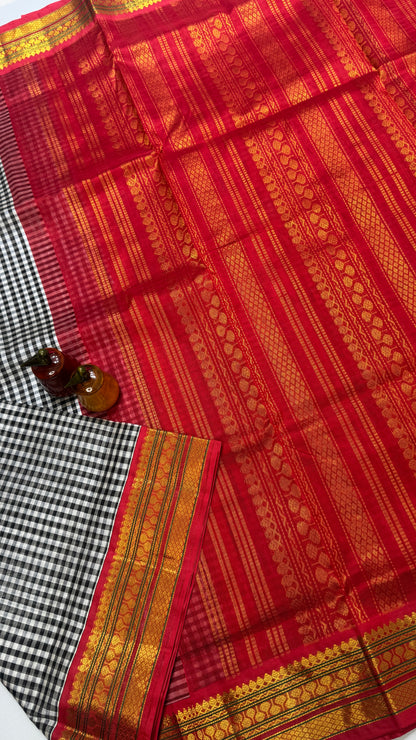 Black & White Checks Pure Silk Cotton with Korvai Border