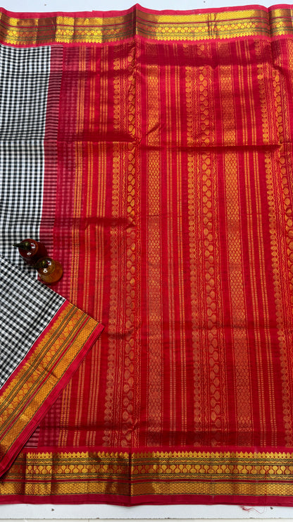 Black & White Checks Pure Silk Cotton with Korvai Border