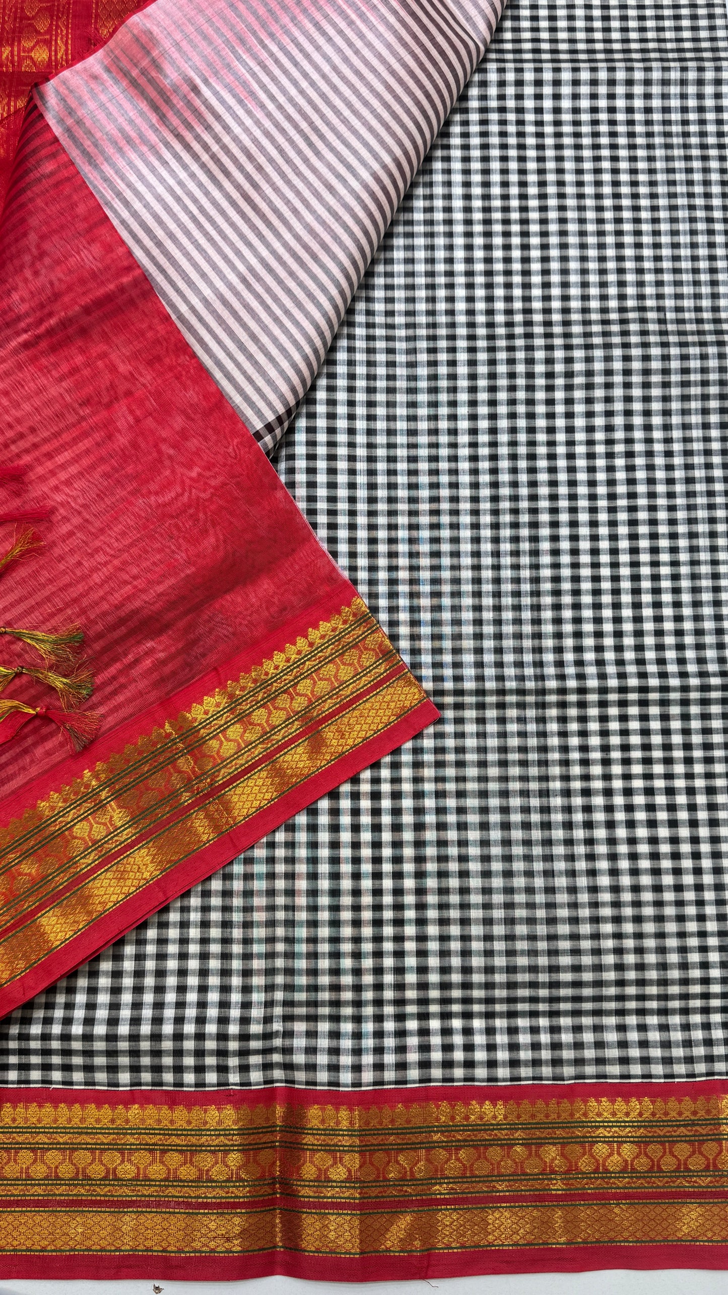 Black & White Checks Pure Silk Cotton with Korvai Border