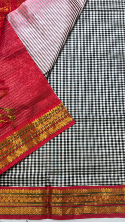 Black & White Checks Pure Silk Cotton with Korvai Border