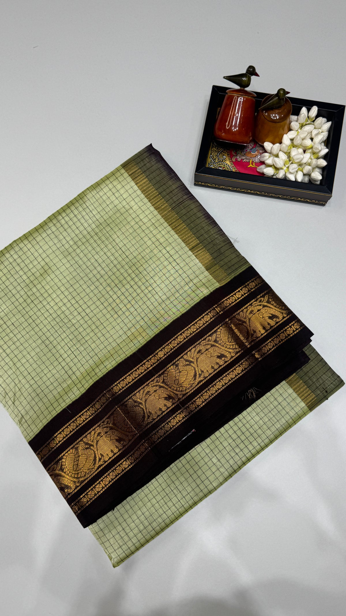 Thread Checks Pure Silk Cotton Saree with Korvai Border