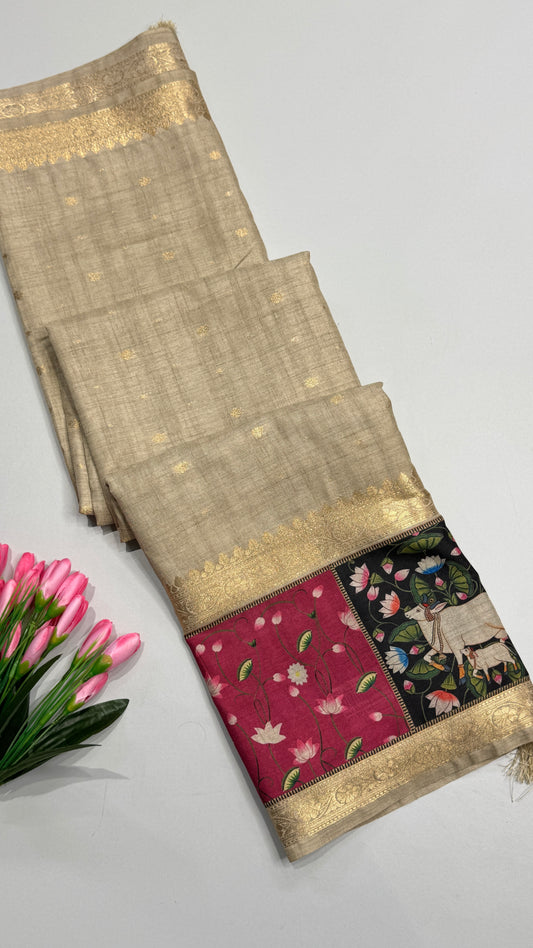 Semi Tussar Saree with Pichwai Border