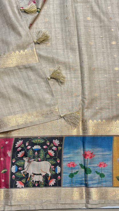 Semi Tussar Saree with Pichwai Border
