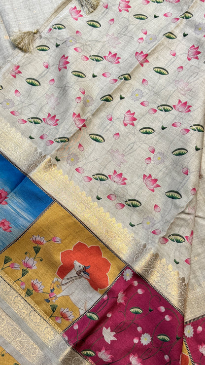 Semi Tussar Saree with Pichwai Border