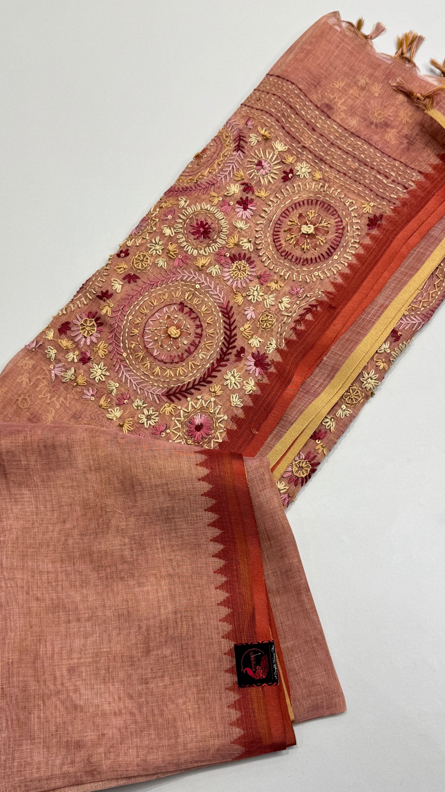 French Knot Embroidered Linen Tissue Saree