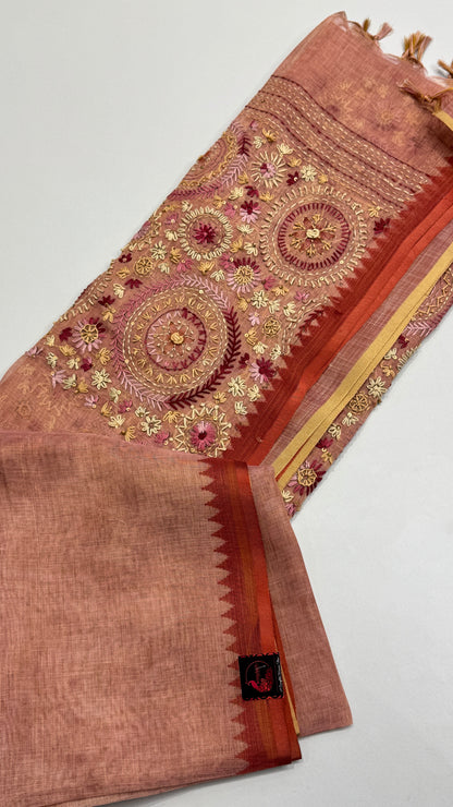 French Knot Embroidered Linen Tissue Saree