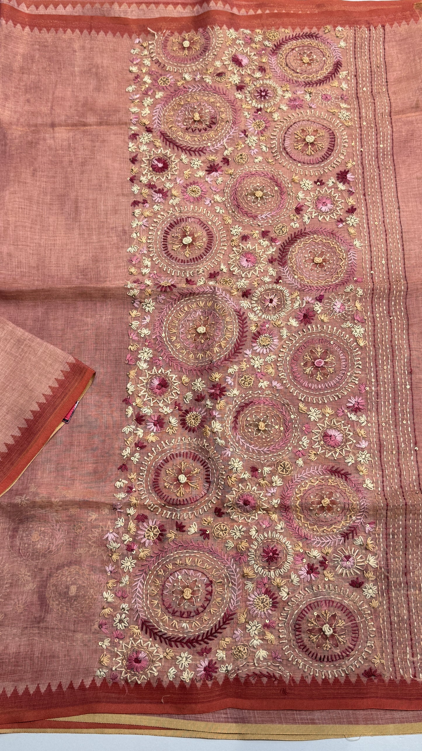 French Knot Embroidered Linen Tissue Saree