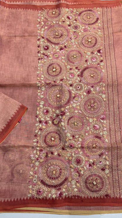 French Knot Embroidered Linen Tissue Saree