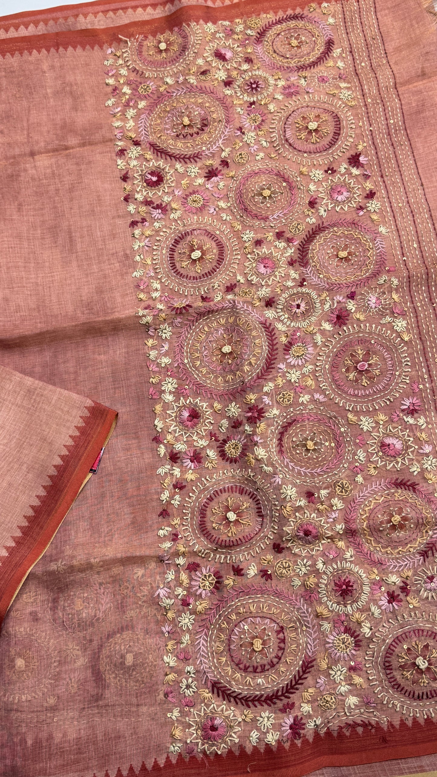 French Knot Embroidered Linen Tissue Saree