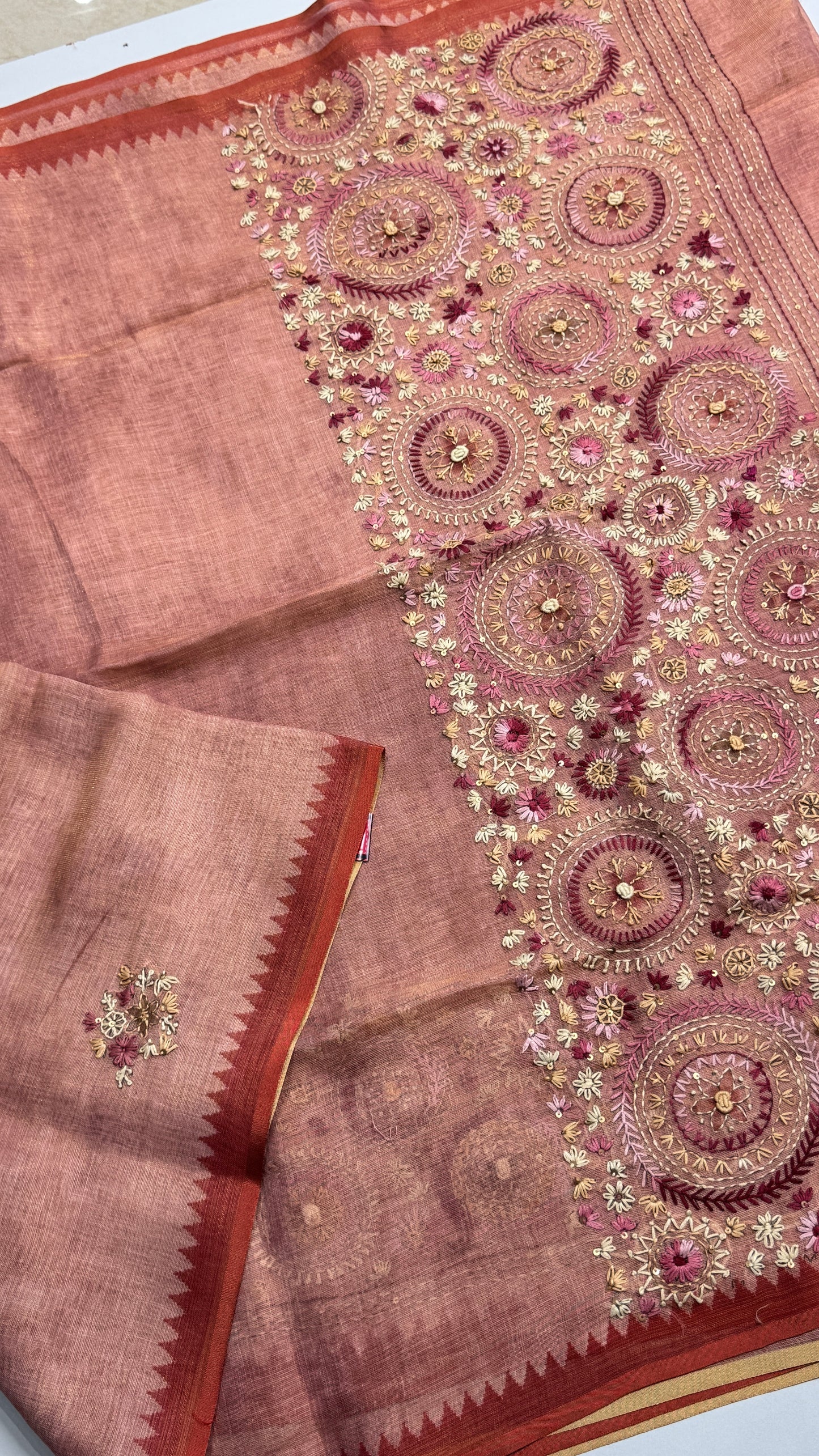 French Knot Embroidered Linen Tissue Saree