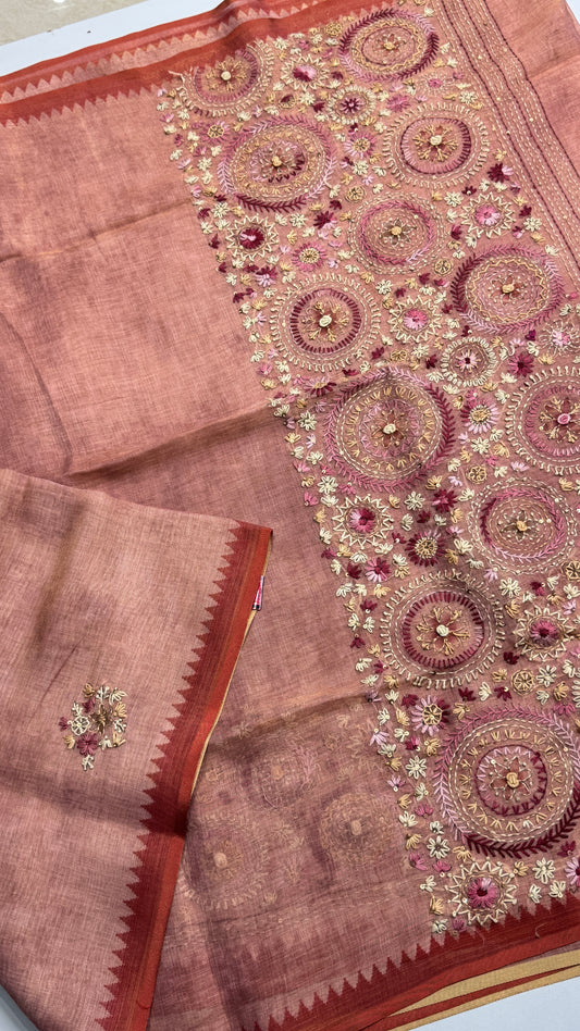 French Knot Embroidered Linen Tissue Saree