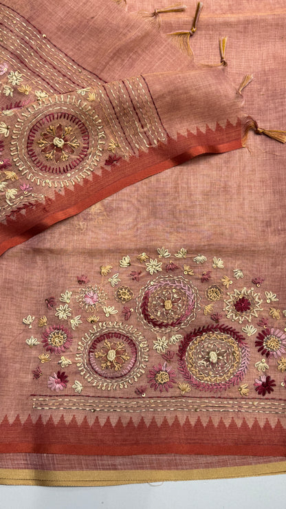 French Knot Embroidered Linen Tissue Saree