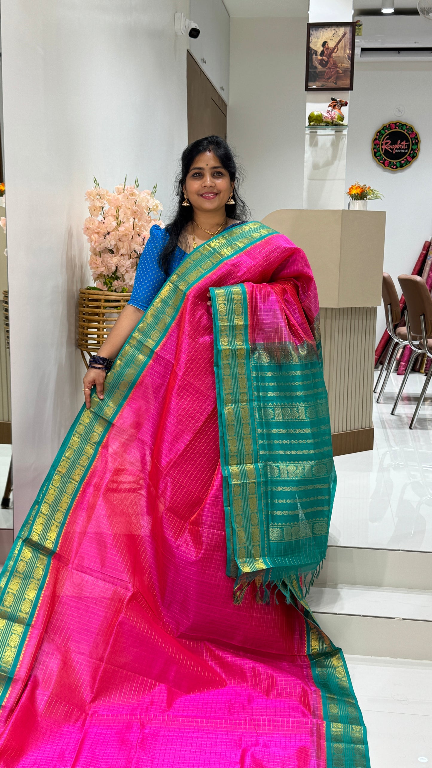 Zari Checks Pure Silk Cotton Saree with Korvai Border