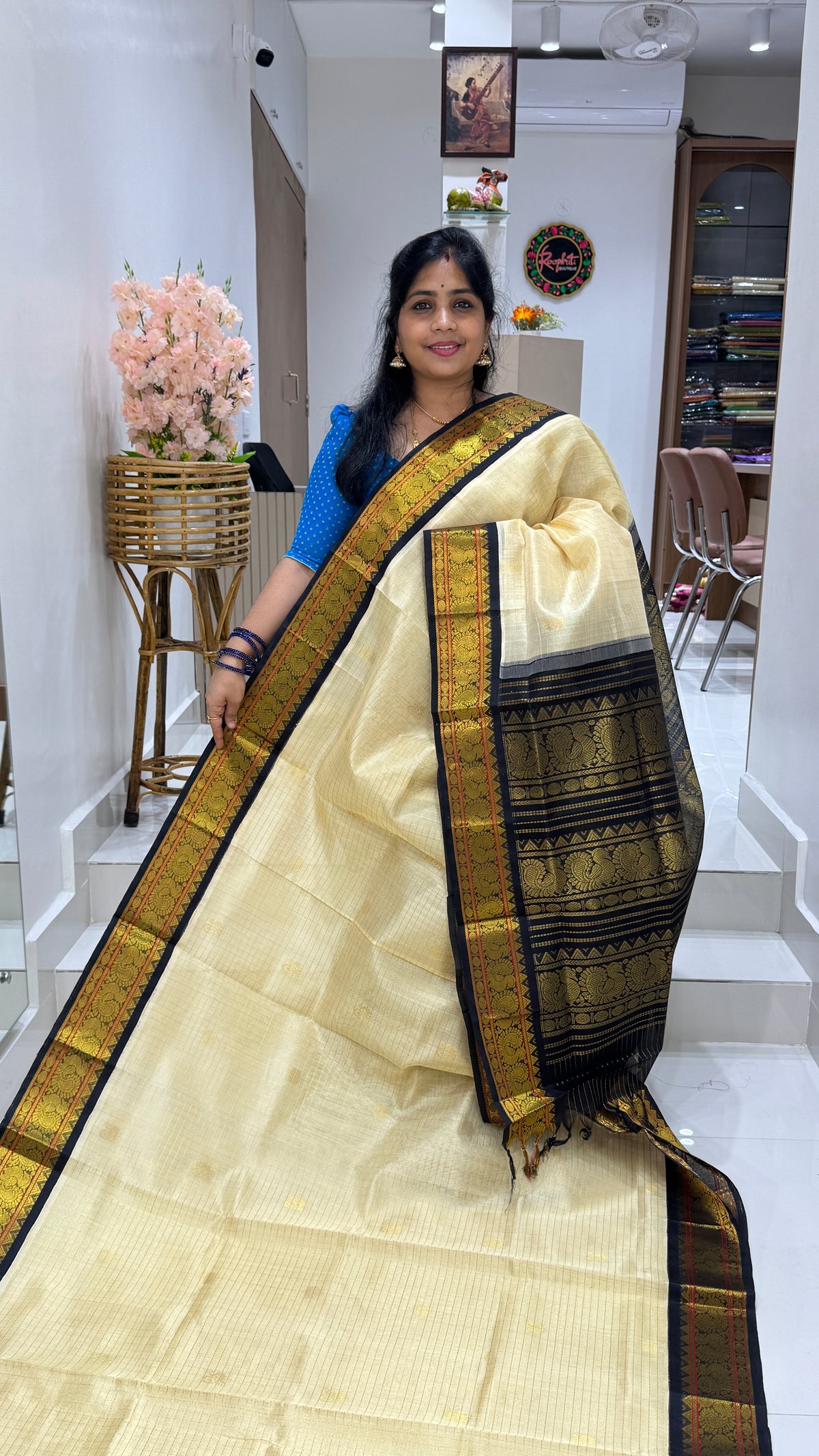 Zari Checks Butta Pure Silk Cotton Saree with korvai borders