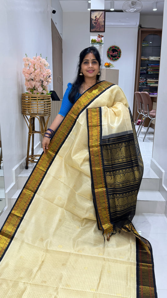 Zari Checks Pure Silk Cotton Saree with Korvai Borders