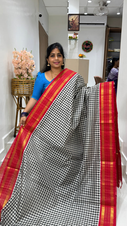 Black & White Checks Pure Silk Cotton with Korvai Border