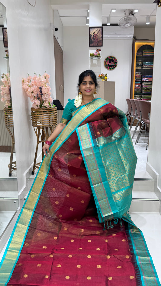 Vairoosi with Buttas Pure Silk Cotton Saree with Korvai Border