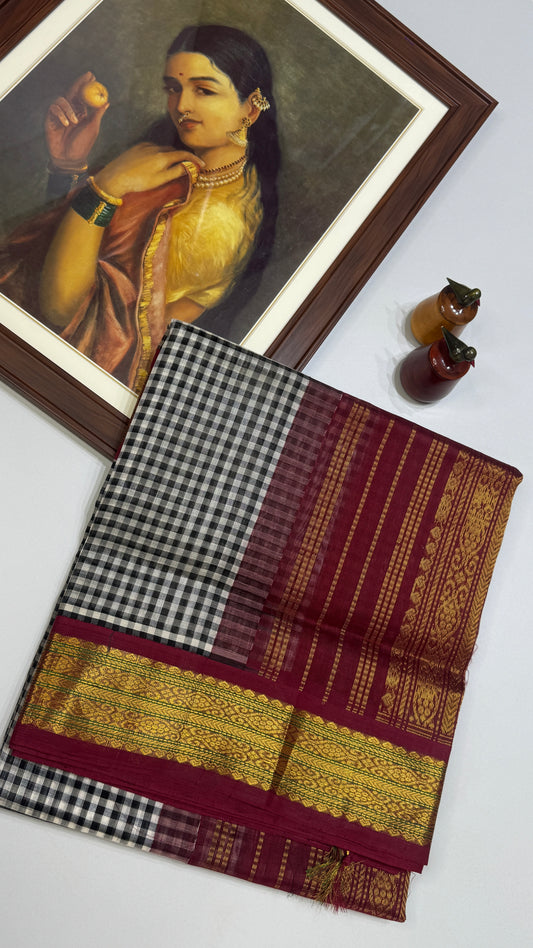 Black & White Checks Pure Silk Cotton with Korvai Border