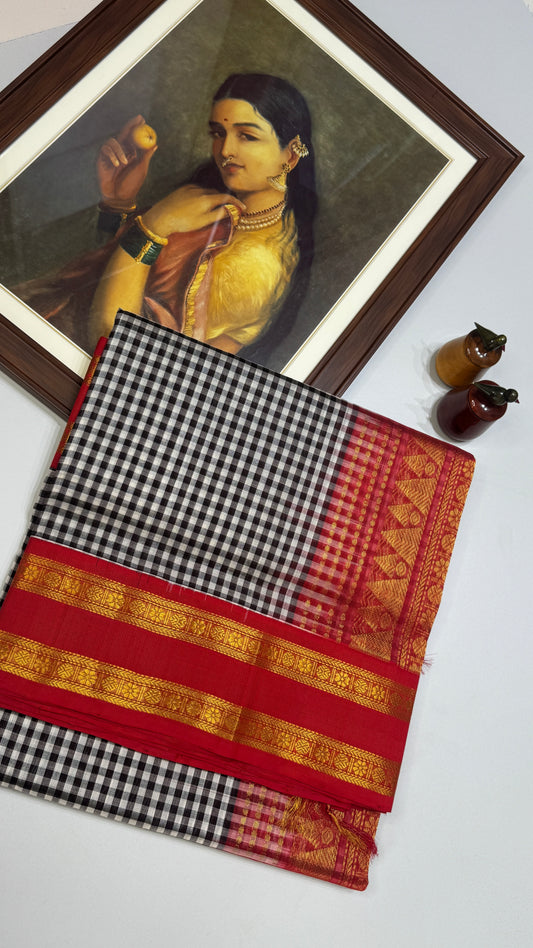 Black & White Checks Pure Silk Cotton with Korvai Border