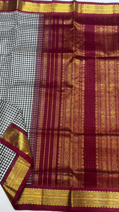 Black & White Checks Pure Silk Cotton with Korvai Border