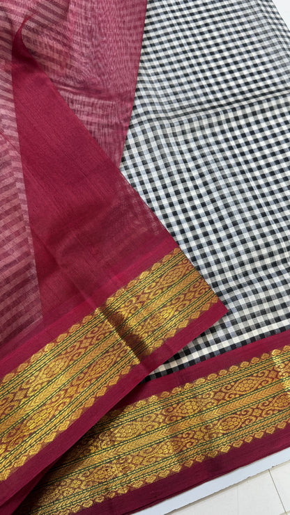 Black & White Checks Pure Silk Cotton with Korvai Border