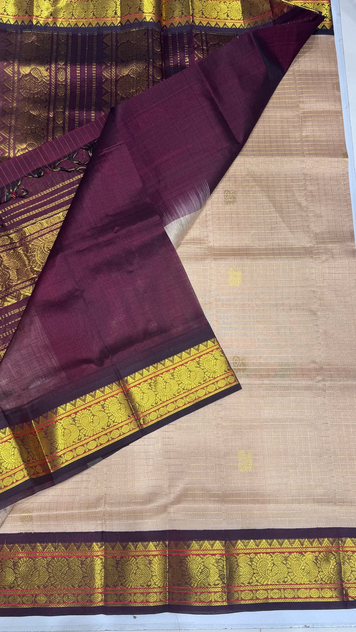 Zari Checks Pure Silk Cotton Saree with Korvai Border