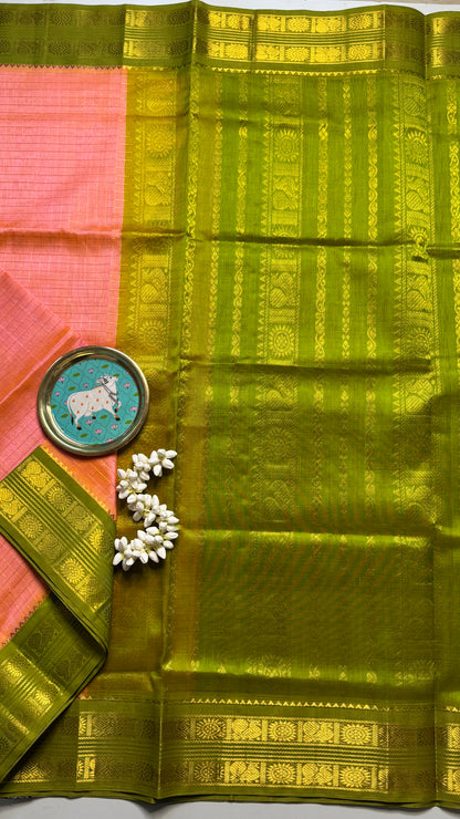 Zari Checks Pure Silk Cotton Saree with Korvai Border