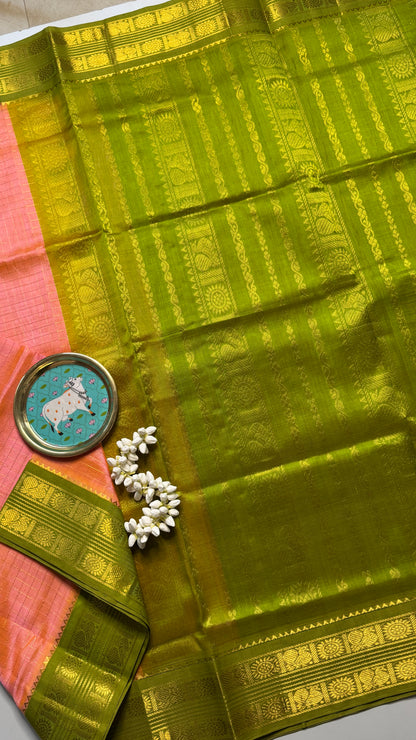 Zari Checks Pure Silk Cotton Saree with Korvai Border