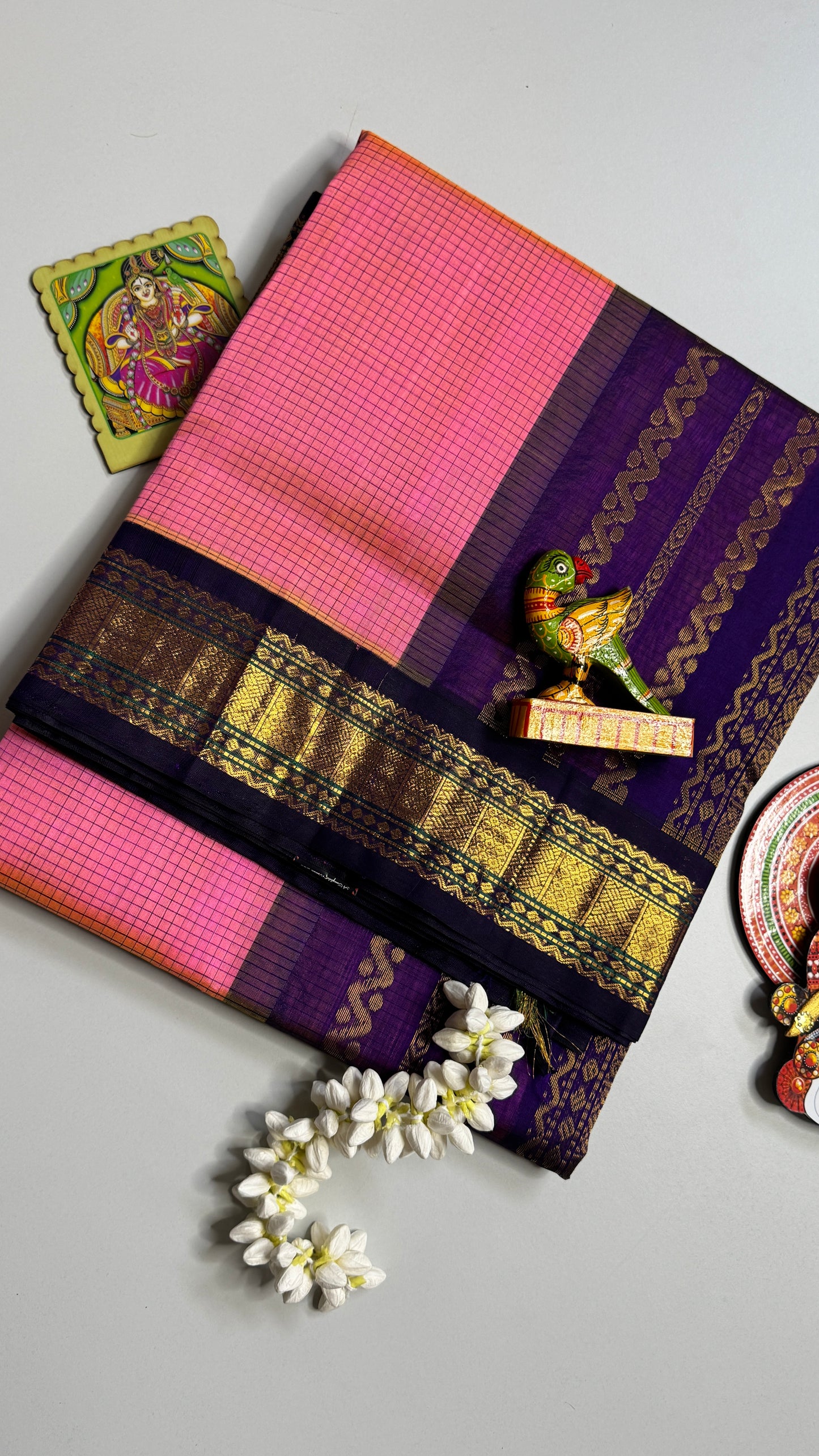 Thread Checks Pure Silk Cotton Saree with Korvai Border