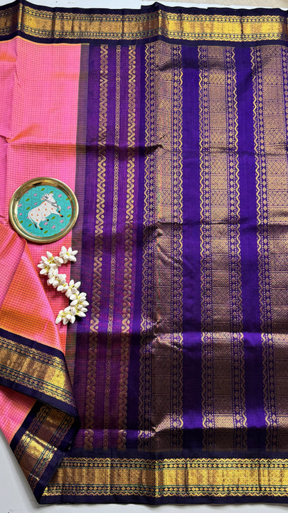 Thread Checks Pure Silk Cotton Saree with Korvai Border