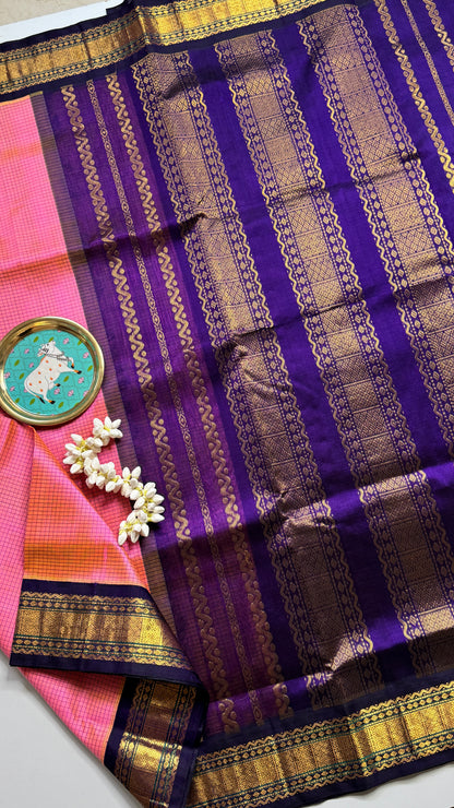 Thread Checks Pure Silk Cotton Saree with Korvai Border